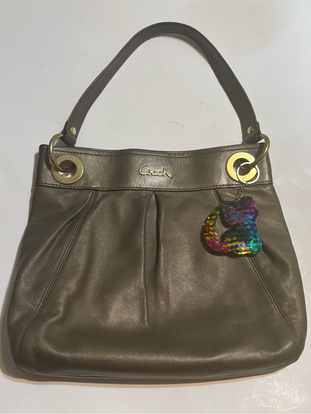 Coach Olive Leather Shoulder Bag with Gold-Tone Hardware